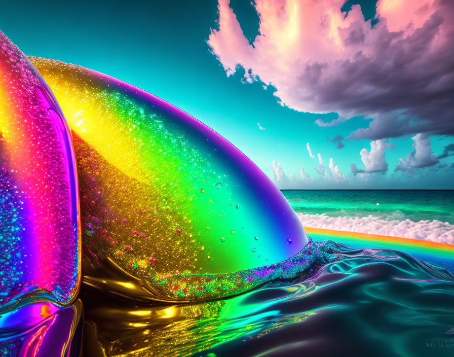 Colorful iridescent dolphin-like object above multicolored liquid surface with surreal candy-colored sky and