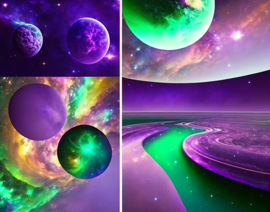 Four Vibrant Cosmic Scenes with Planets, Stars, and Nebulas