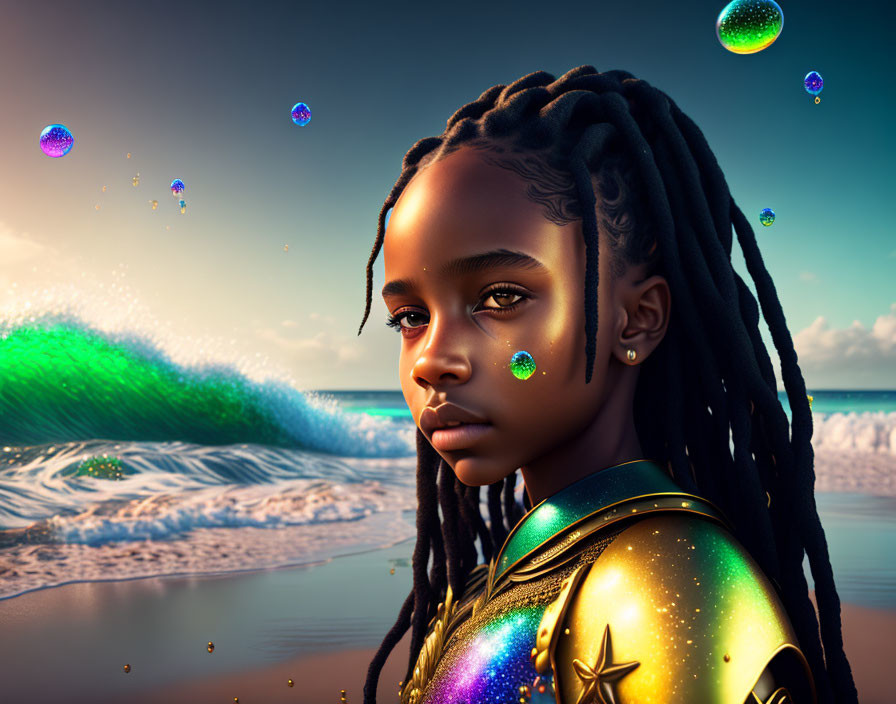 Braided hair person by colorful beach with bubbles and wave