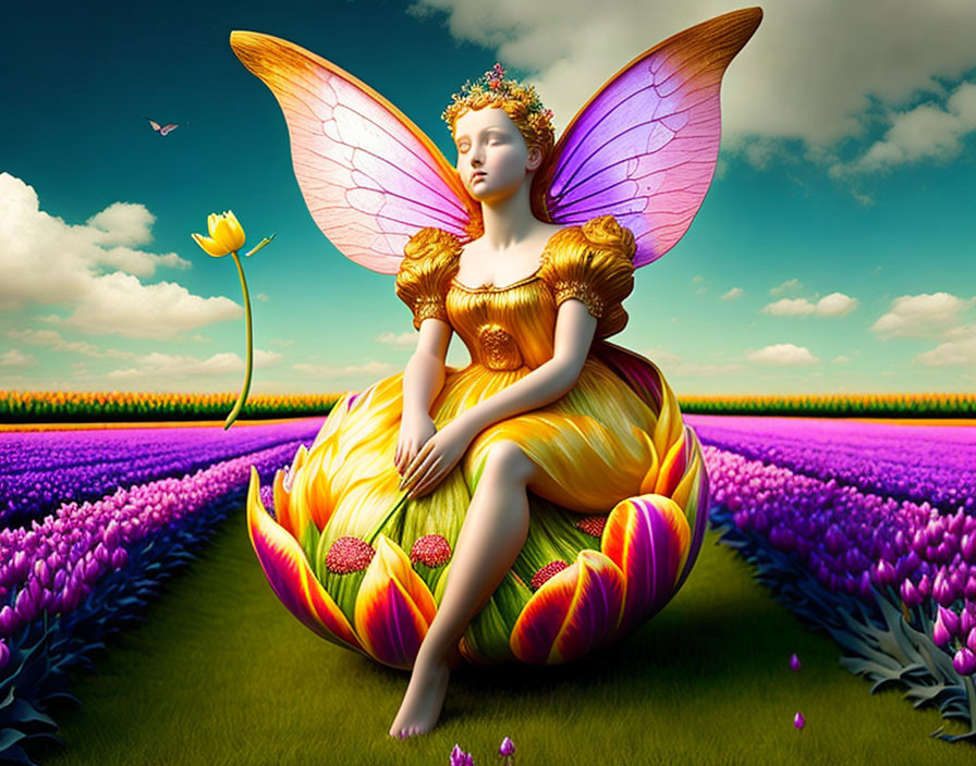 Colorful fairy sitting on tulip in vibrant flower field