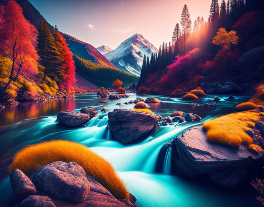 Scenic landscape with river, autumn trees, rocks, and mountains at dusk