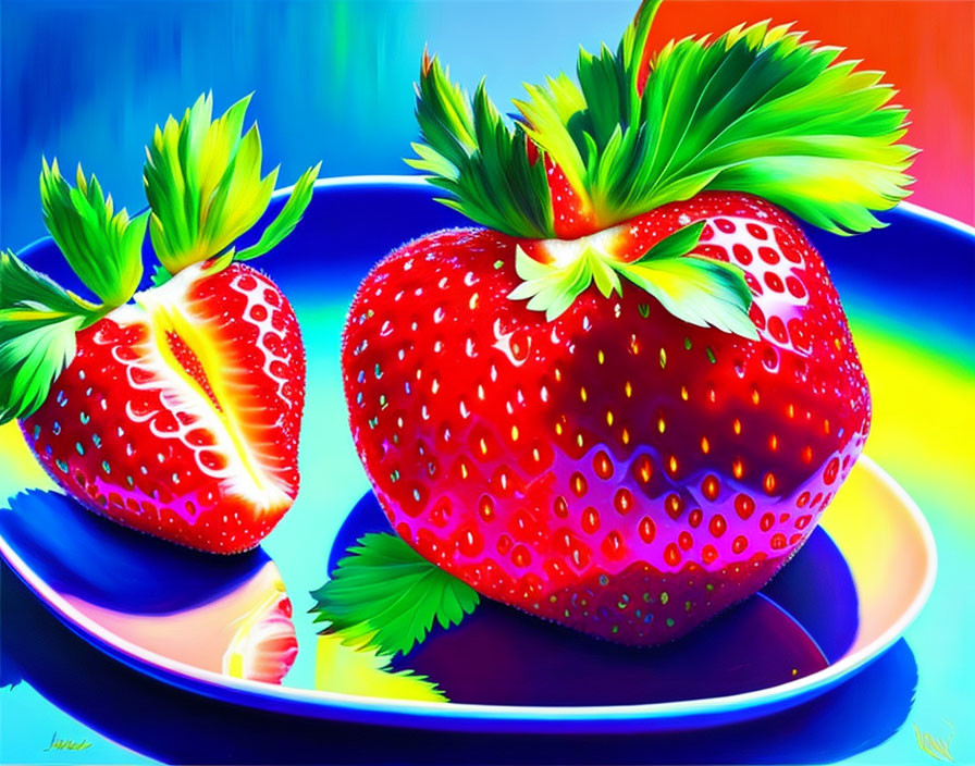 Colorful digital artwork featuring two strawberries on a blue plate