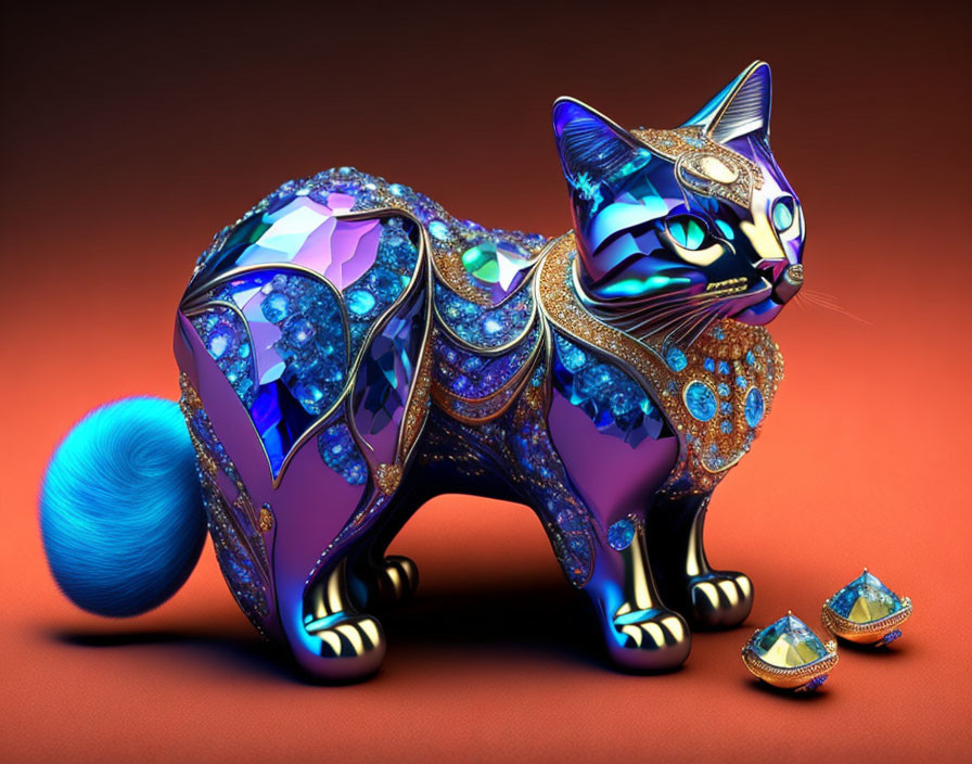 Jewel-Encrusted Cat Figurine with Blue and Purple Accents on Orange Background