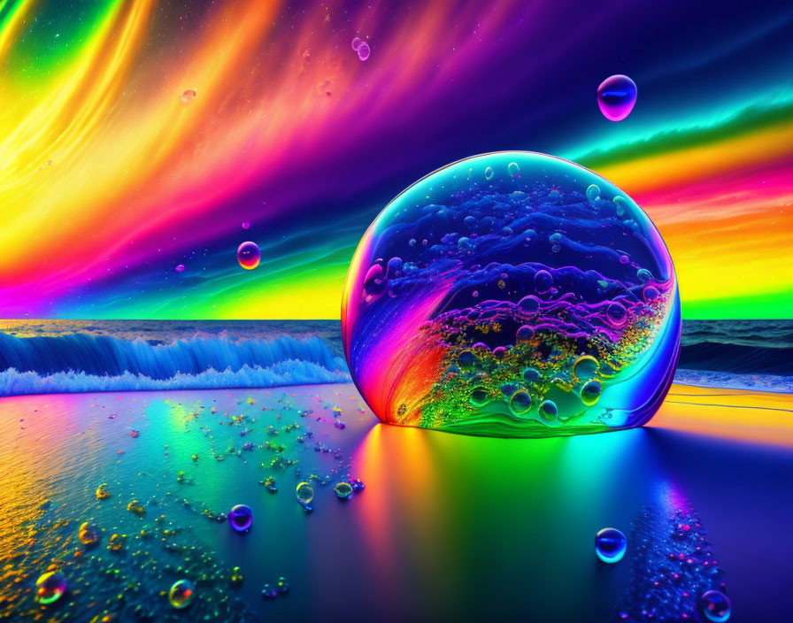 Colorful Beach Digital Artwork with Iridescent Bubble