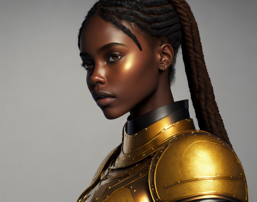 Braided hair woman in golden futuristic armor on neutral backdrop