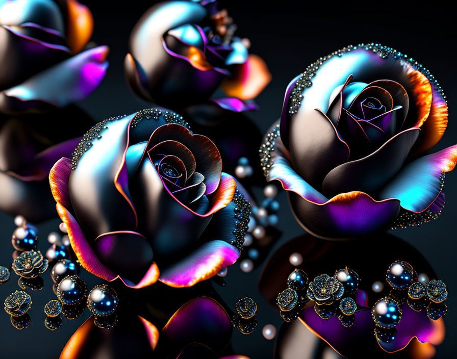 Stylized digital artwork: iridescent roses on dark background