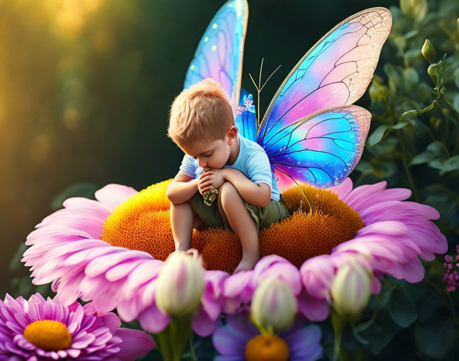 Child with butterfly wings on sunflowers in bokeh setting