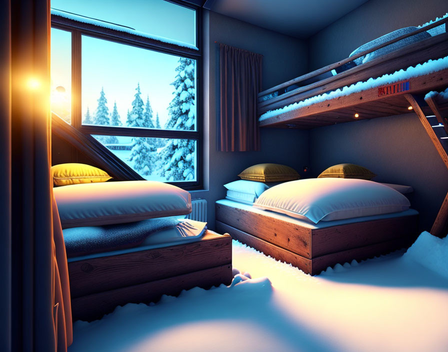 Snowy cabin bunk bed with pine tree view at dawn/dusk