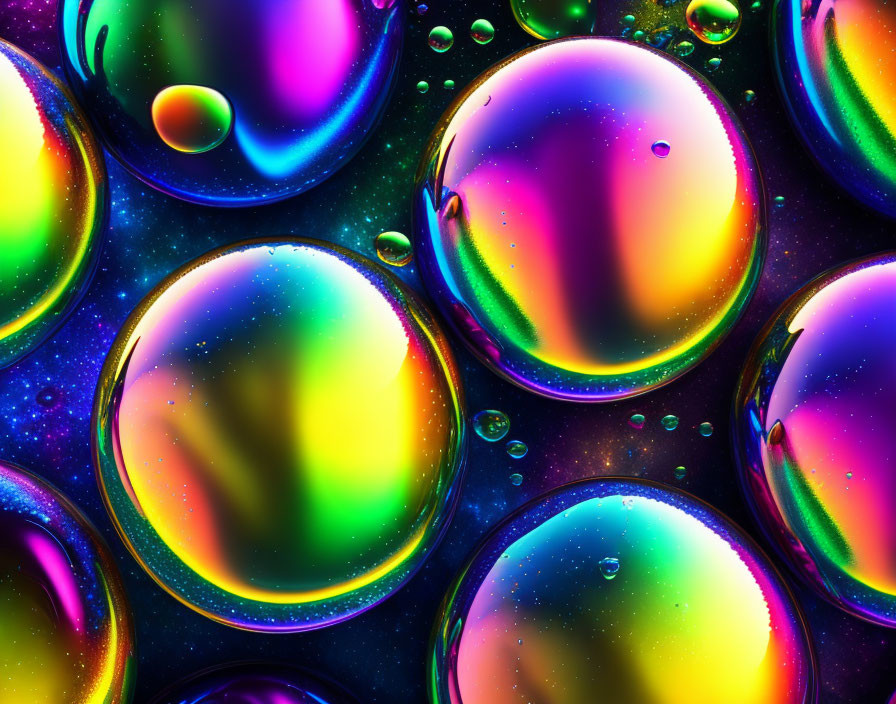 Vibrant iridescent bubbles with multicolored reflections on dark background