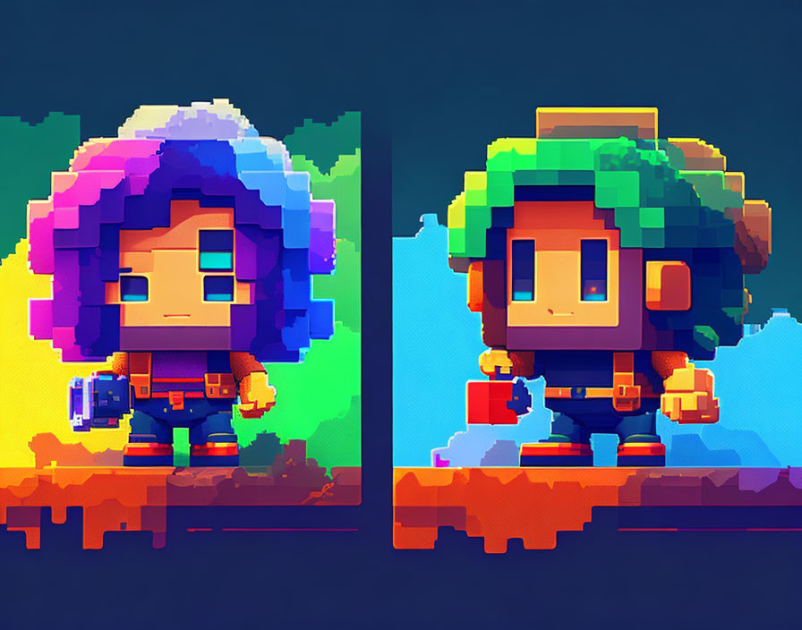 Two characters with colorful hair and backpacks on platforms in pixel art