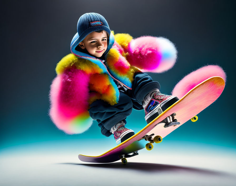 Child in Colorful Pompom Coat Skateboarding on Blue Background