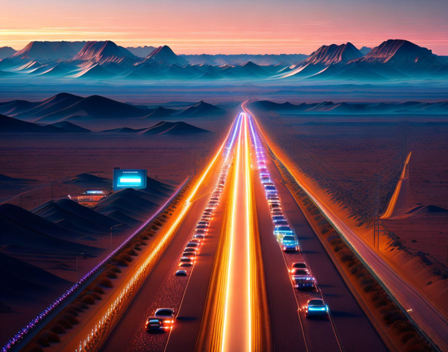 Desert highway traffic at dusk with neon light trails