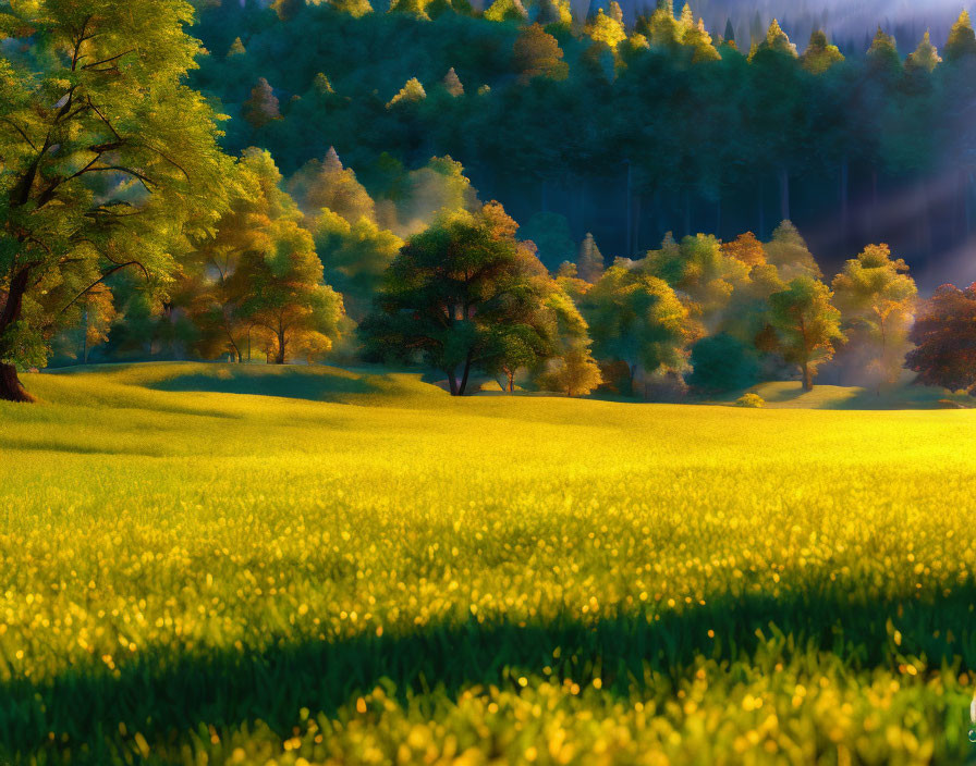 Vibrant flower-speckled meadow with sunlight and dancing shadows