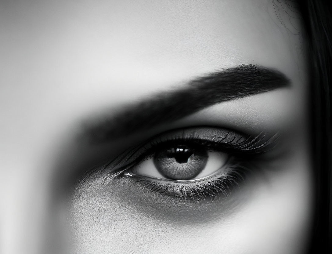 Detailed monochrome close-up of an eye with intricate eyelashes, eyebrow, and iris pattern.