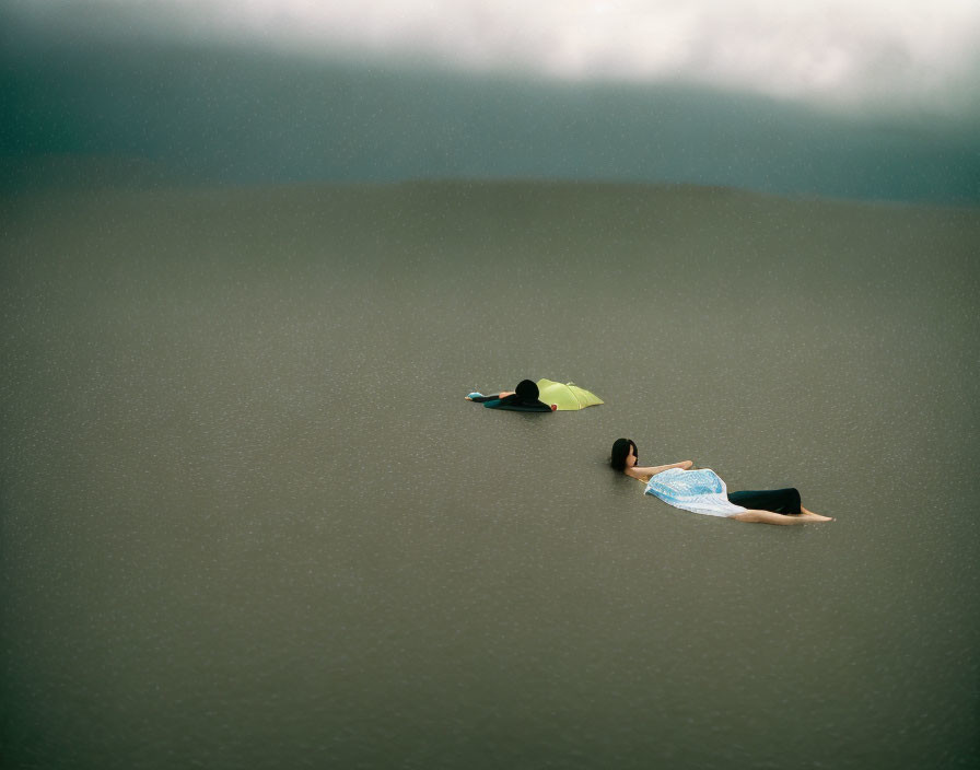 Two individuals floating in calm water with misty background