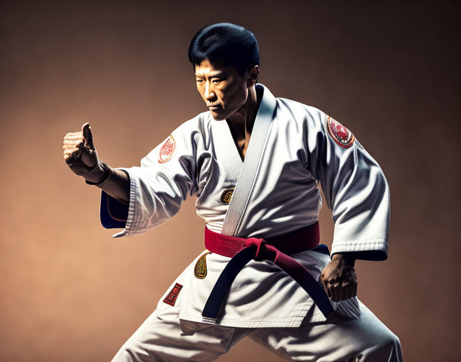 Martial artist in white gi with black and red belt in fighting stance