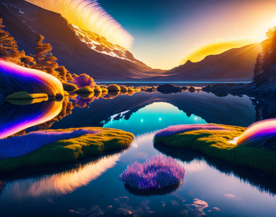 Surreal landscape with glowing flora, serene lake, and starry sky