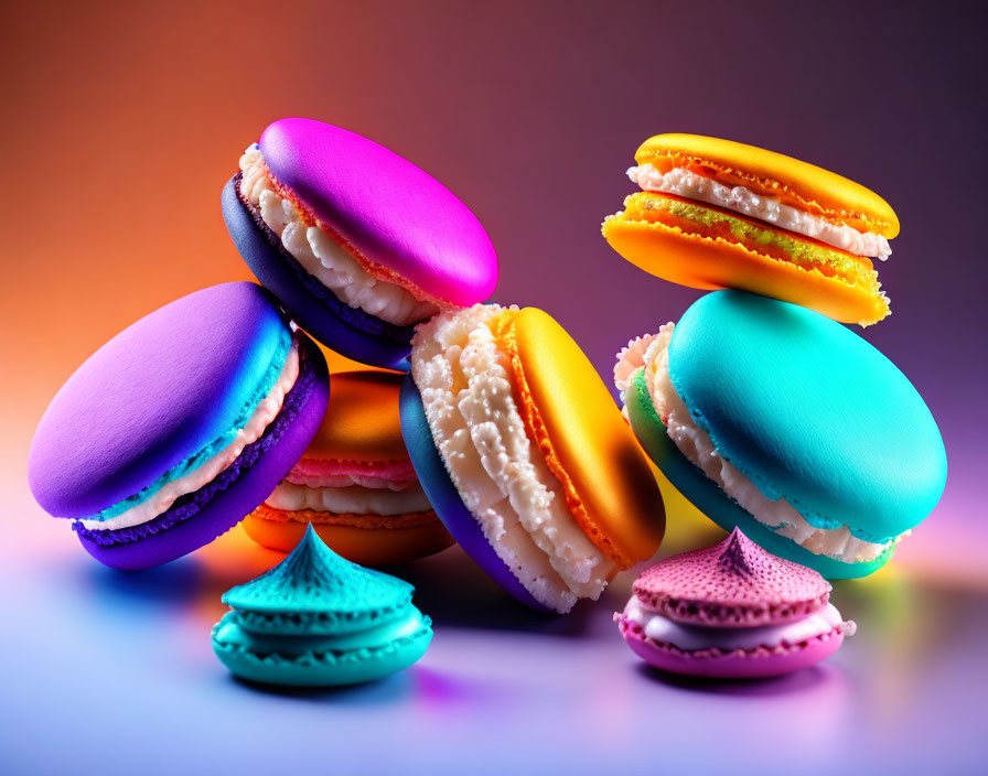 Vibrant Macarons in Purple, Blue, and Yellow on Gradient Background