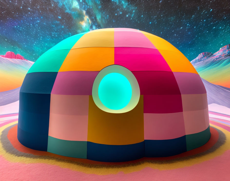 Vibrant Striped Dome with Glowing Blue Entrance in Surreal Cosmic Landscape