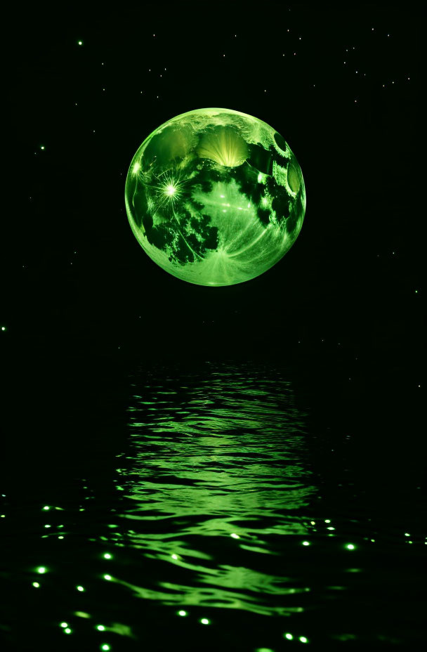 Green Glowing Planet Reflected on Dark Water Surface