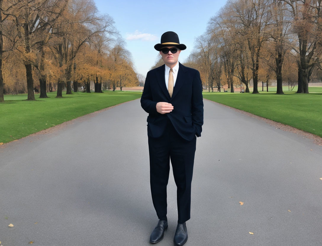 Man in Dark Suit and Hat on Park Path with Trees on Cloudy Day