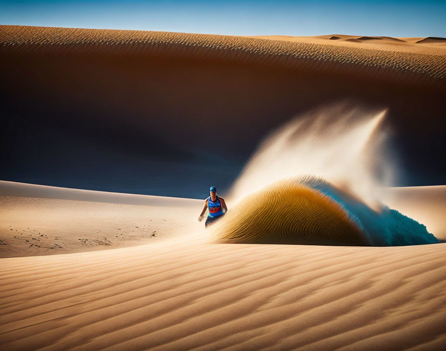 Person sitting on sand dune under blue sky with wind-blown sand patterns