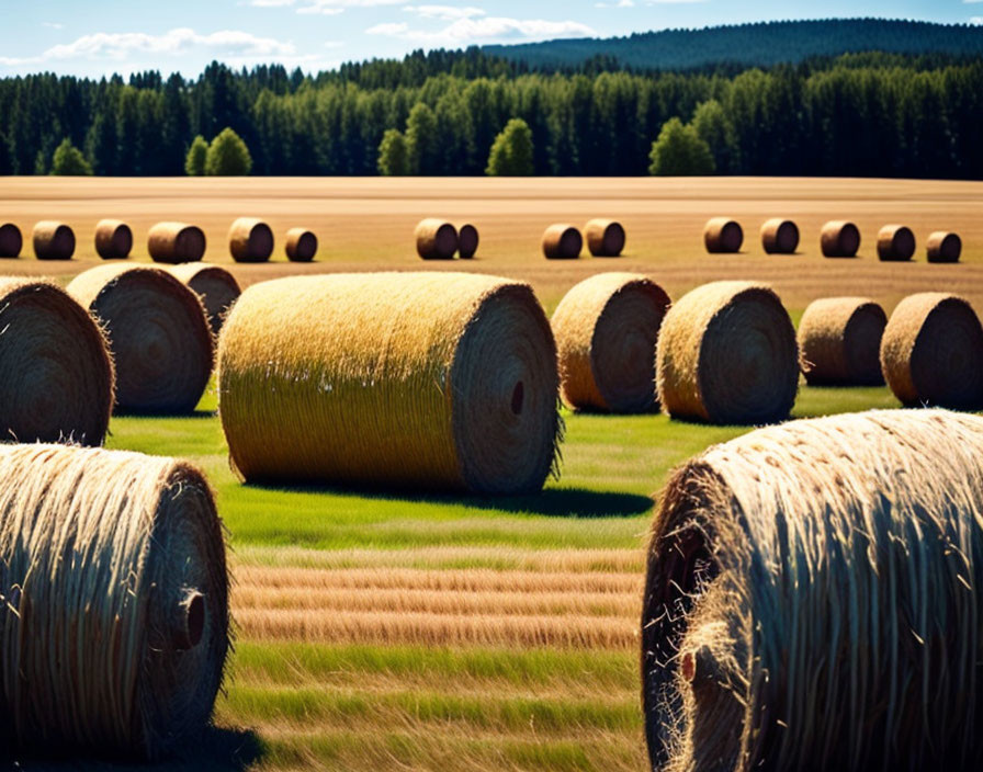 Harvested Field with Golden Hay Bales and Trees on Horizon