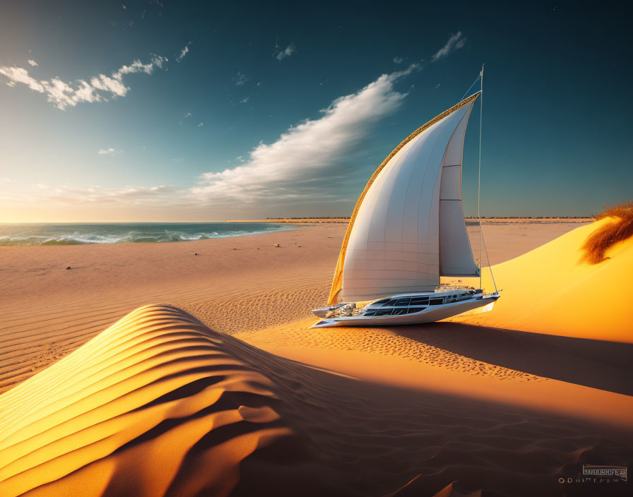 Sailboat on smooth sand dunes under clear sky and golden sun.