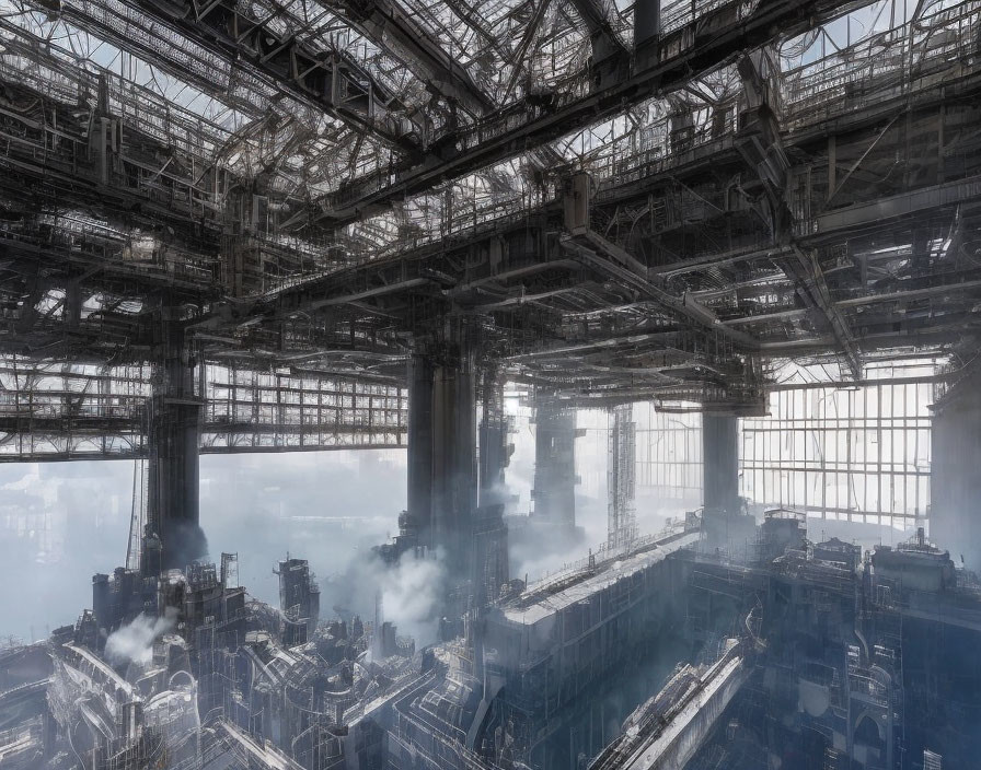 Spacious industrial interior with fog, metal frameworks, and desolation