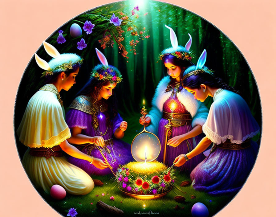 Fantasy characters with rabbit ears around crystal ball in vibrant, floral backdrop