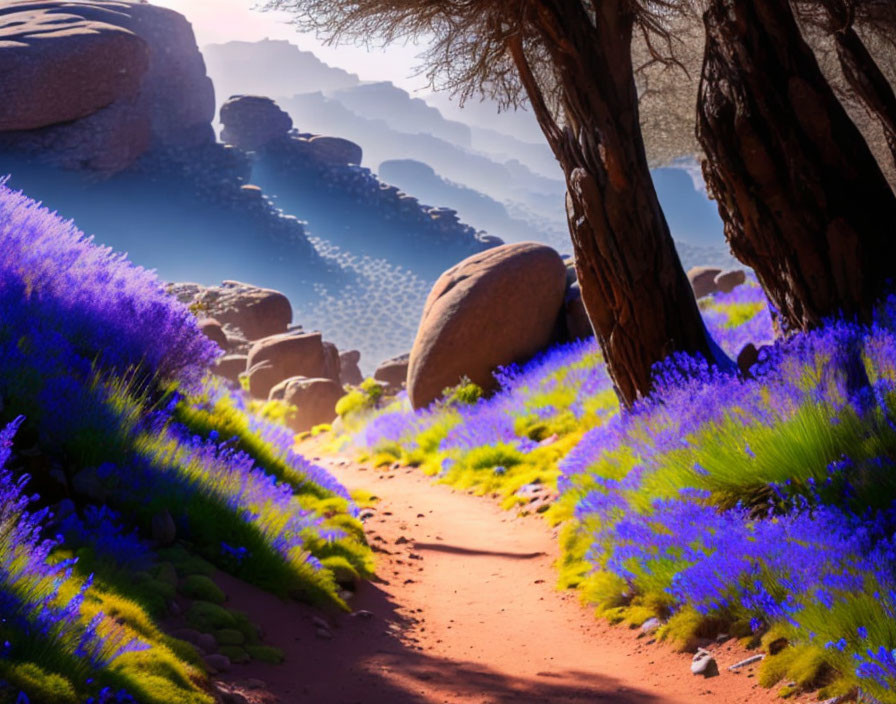 Vibrant purple flowers on scenic desert path under hazy sky