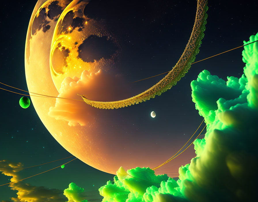 Surreal landscape with giant planet, moons, green clouds, and intricate structures