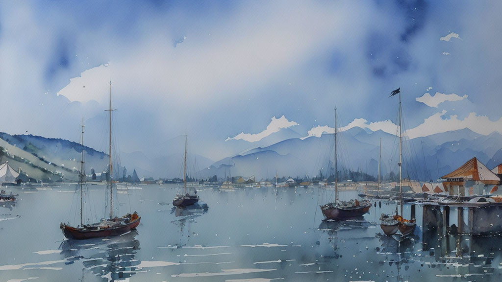 Tranquil watercolor: Sailboats in serene harbor with mountain backdrop