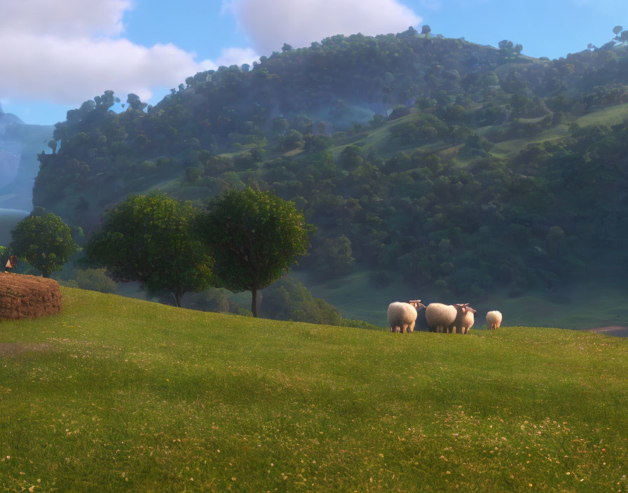 Tranquil countryside landscape with grazing sheep, lone tree, and misty mountain.