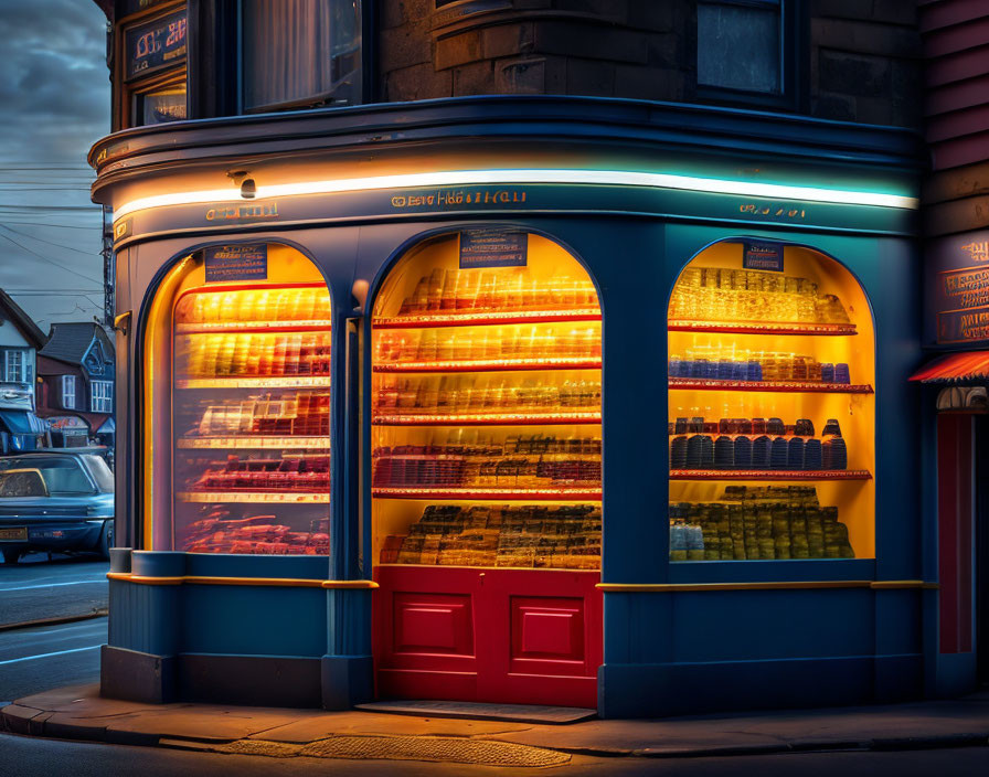 Cozy corner bakery at dusk with blue exterior and fresh bread shelves.