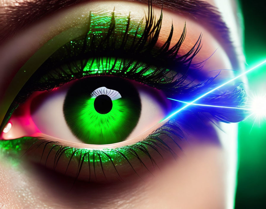 Detailed Close-up of Vivid Green Eye with Long Eyelashes and Green Eyeshadow