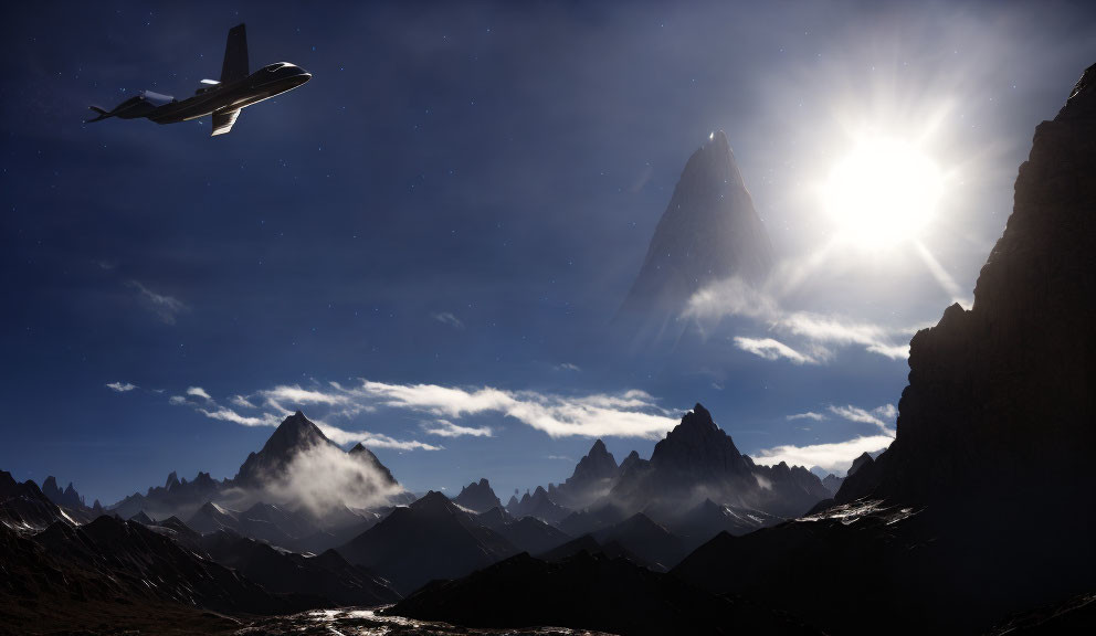 Airplane flying over rugged mountains under starry sky and shining sun.