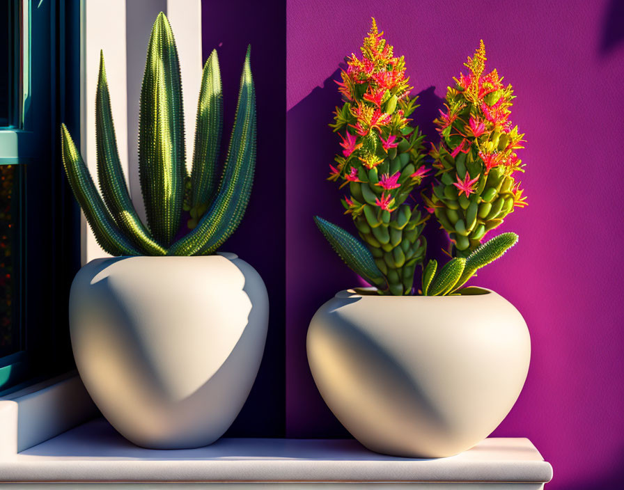 Potted succulent and cactus by window with purple wall background