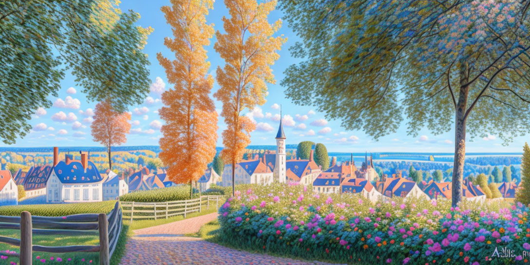 Picturesque village scene with autumn trees, blooming flowers, and church.