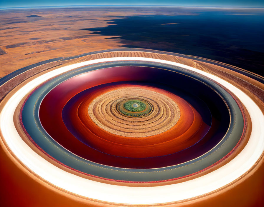 Colorful concentric circular landscape with central green area.