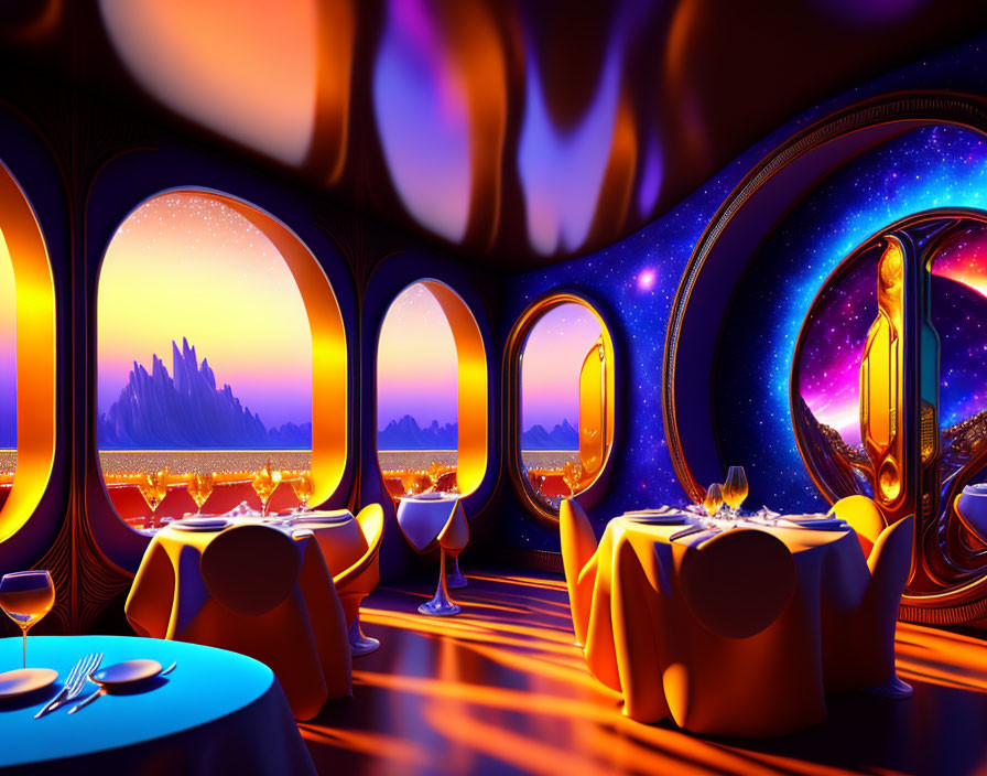 Luxurious Restaurant Interior with Cosmic Theme and Starry Sky Views