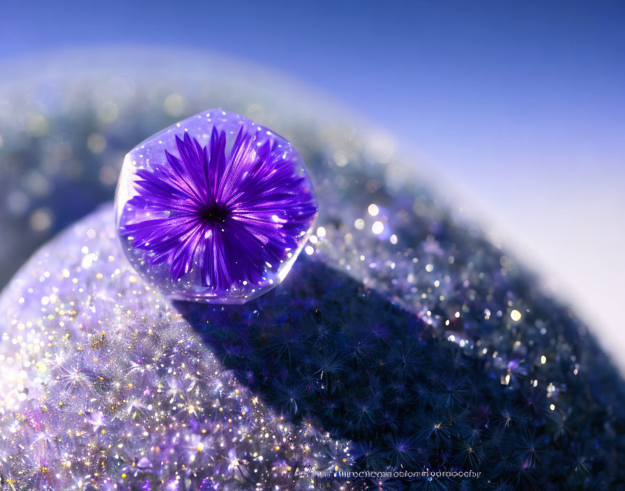 Purple flower in transparent sphere on glittering surface with blurred blue background