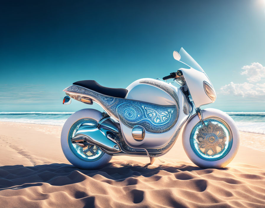 Ornate blue and white futuristic motorcycle on sandy beach