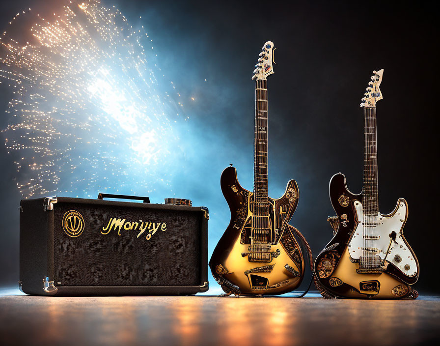 Ornate guitars, amplifier, nameplate, spotlight, fireworks background