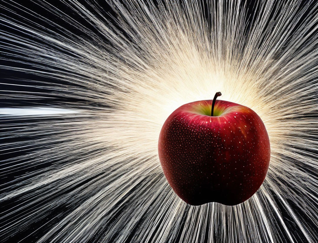 Red Apple with White Light Rays on Dark Background