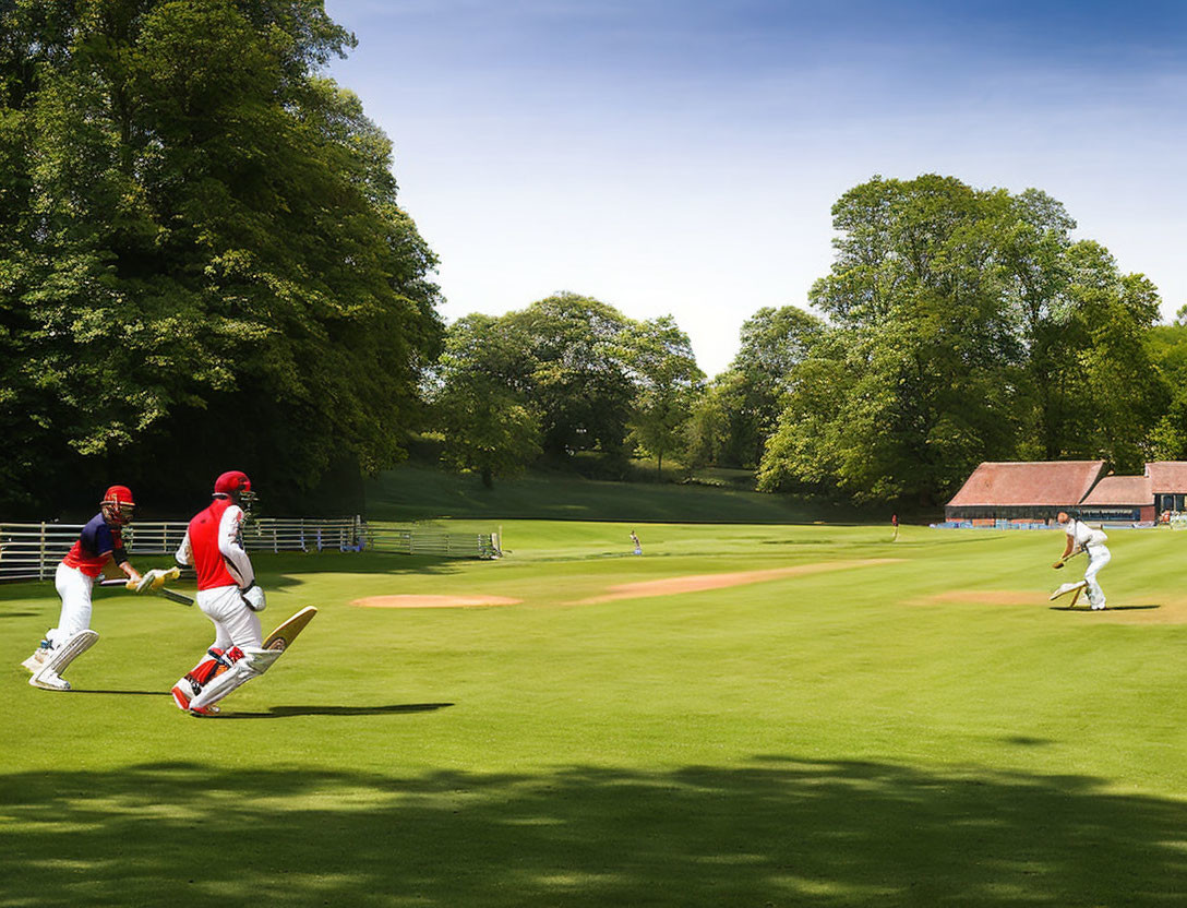 Cricketers playing on lush green field with running batsmen and fielder