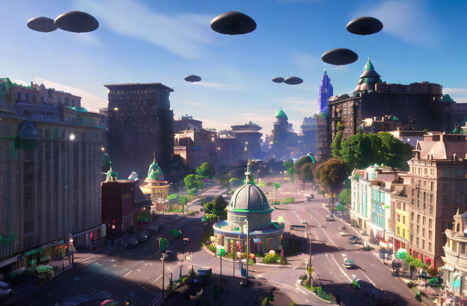 Cityscape with hovering flying saucers, lush greenery, wide streets, and blue sky