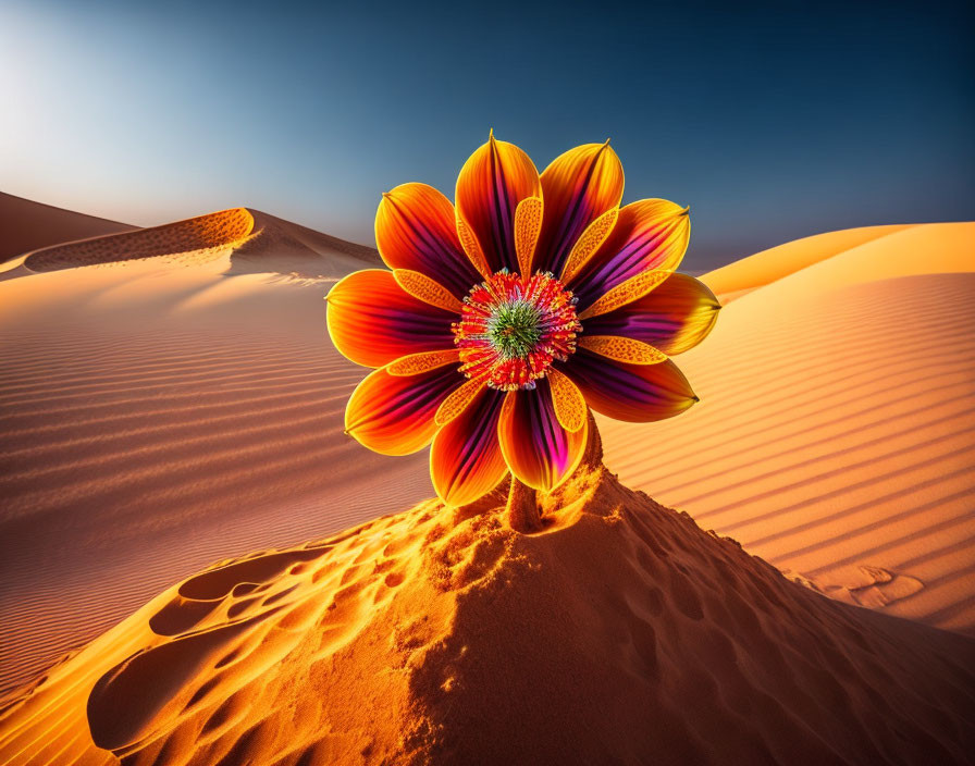 Colorful flower art in desert landscape with blue sky