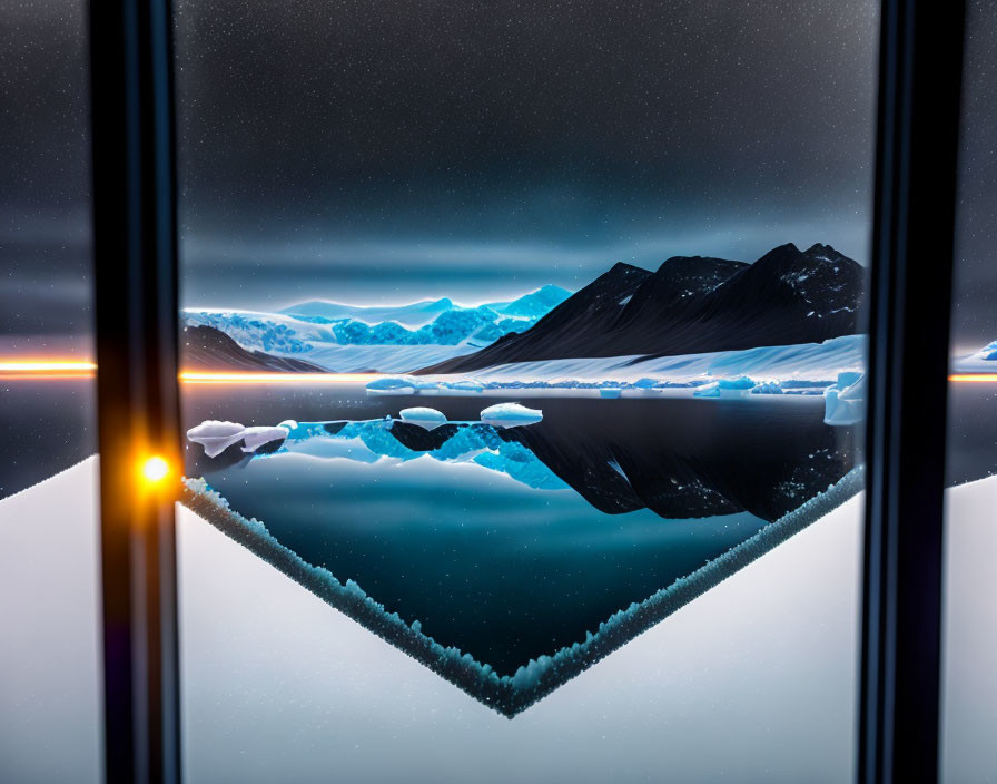 Nighttime landscape with icy terrain and starry sky reflected in still waters