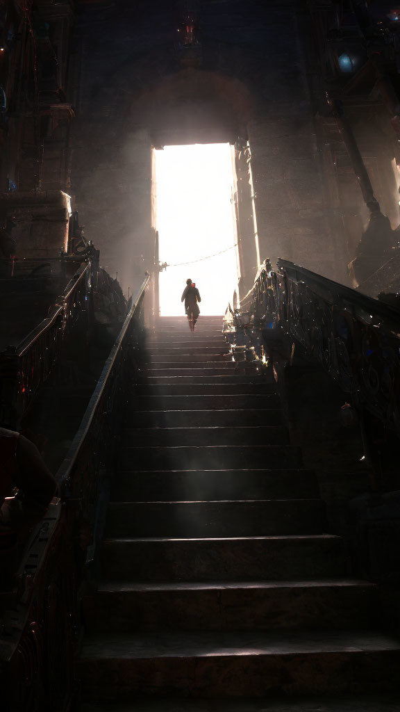 Silhouette of person walking up ornate staircase towards bright light.